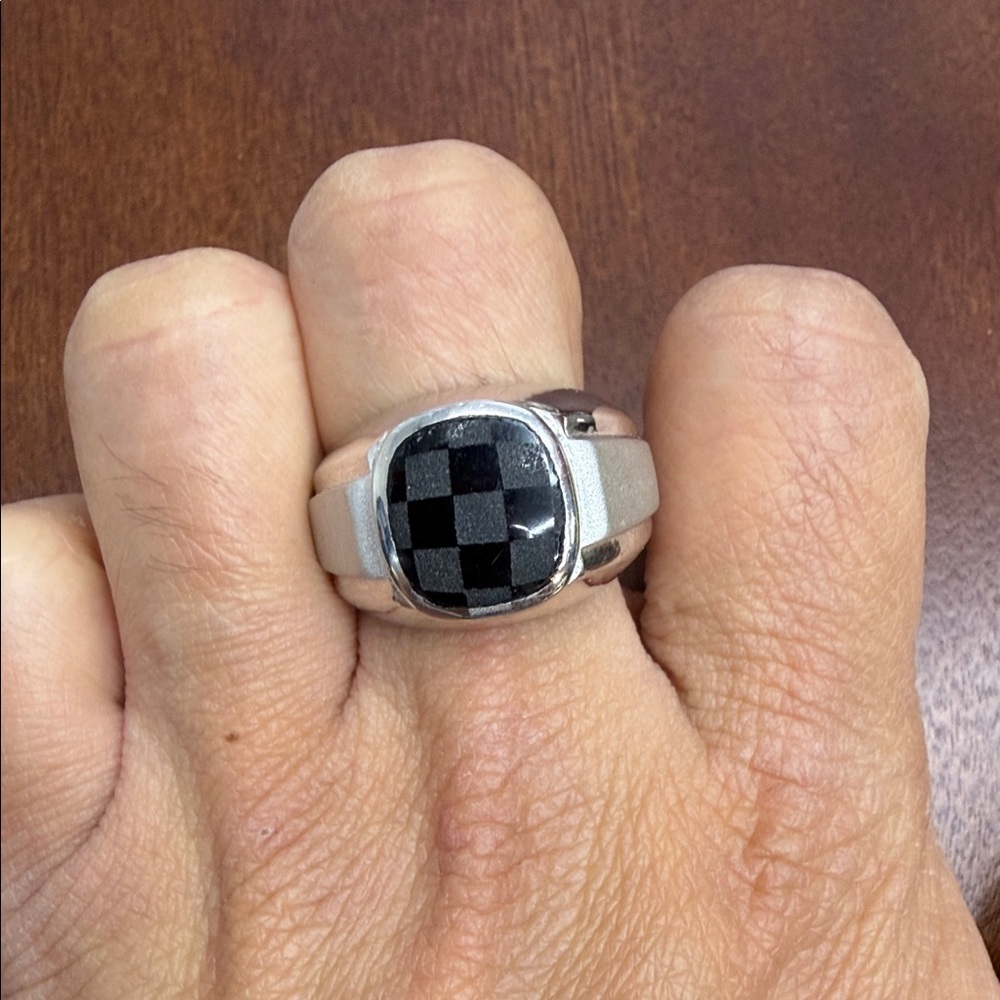 Silver and Black Checkered Men's Ring